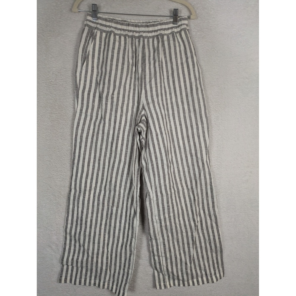 Unbranded Striped Pants Women's S Grey White 100% Linen High Rise Wide Leg